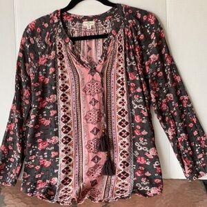 Brown and Pink Relaxed Tie Front Tunic
